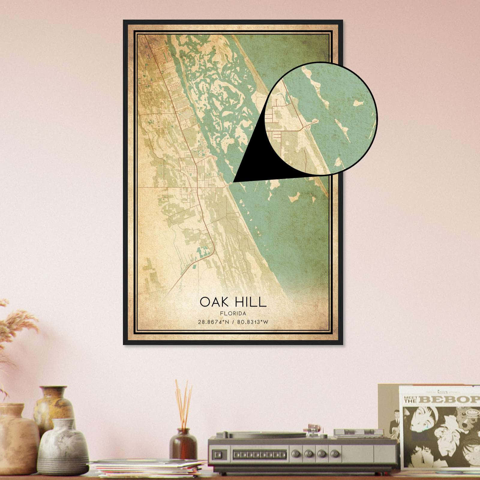 Vintage Oak Hill Florida Map Poster, Oak Hill Fl City Road Wall Art Print - Custom Maps &amp;amp; Posters throughout Map Of Oak Hill Florida