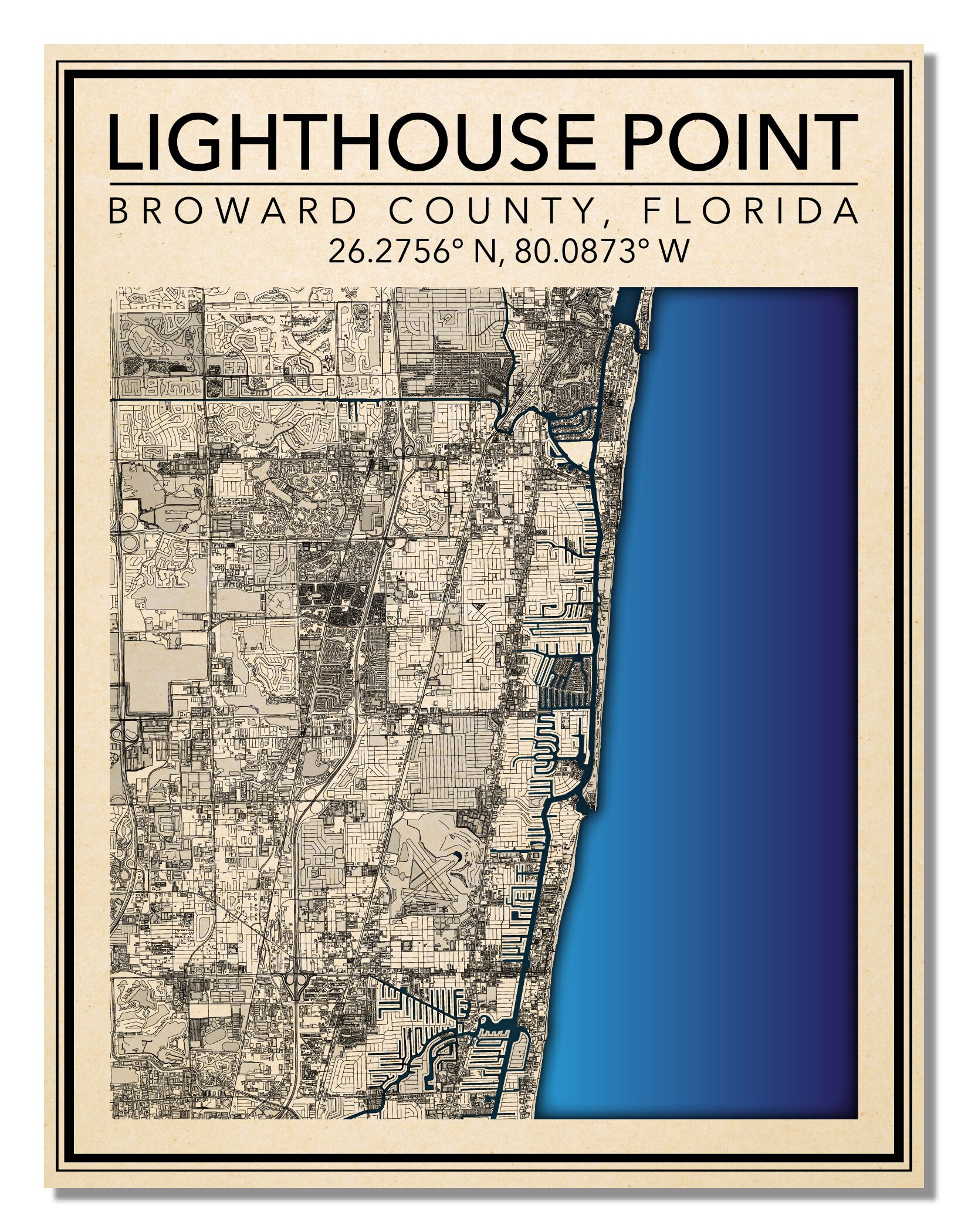 Wall Art Map Print Of Lighthouse Point, Broward County, Florida regarding Map of Lighthouse Point Florida