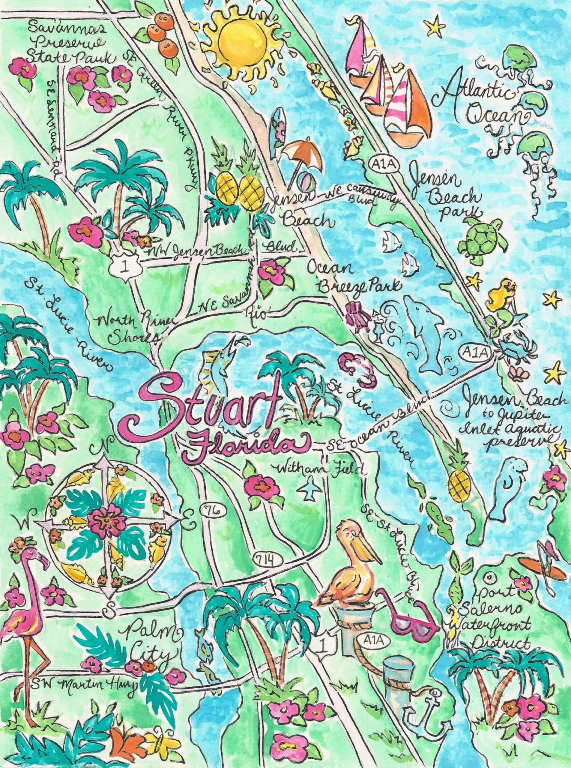 Watercolor Map Of Stuart, Florida - Etsy intended for Map Of Stuart Beach Florida