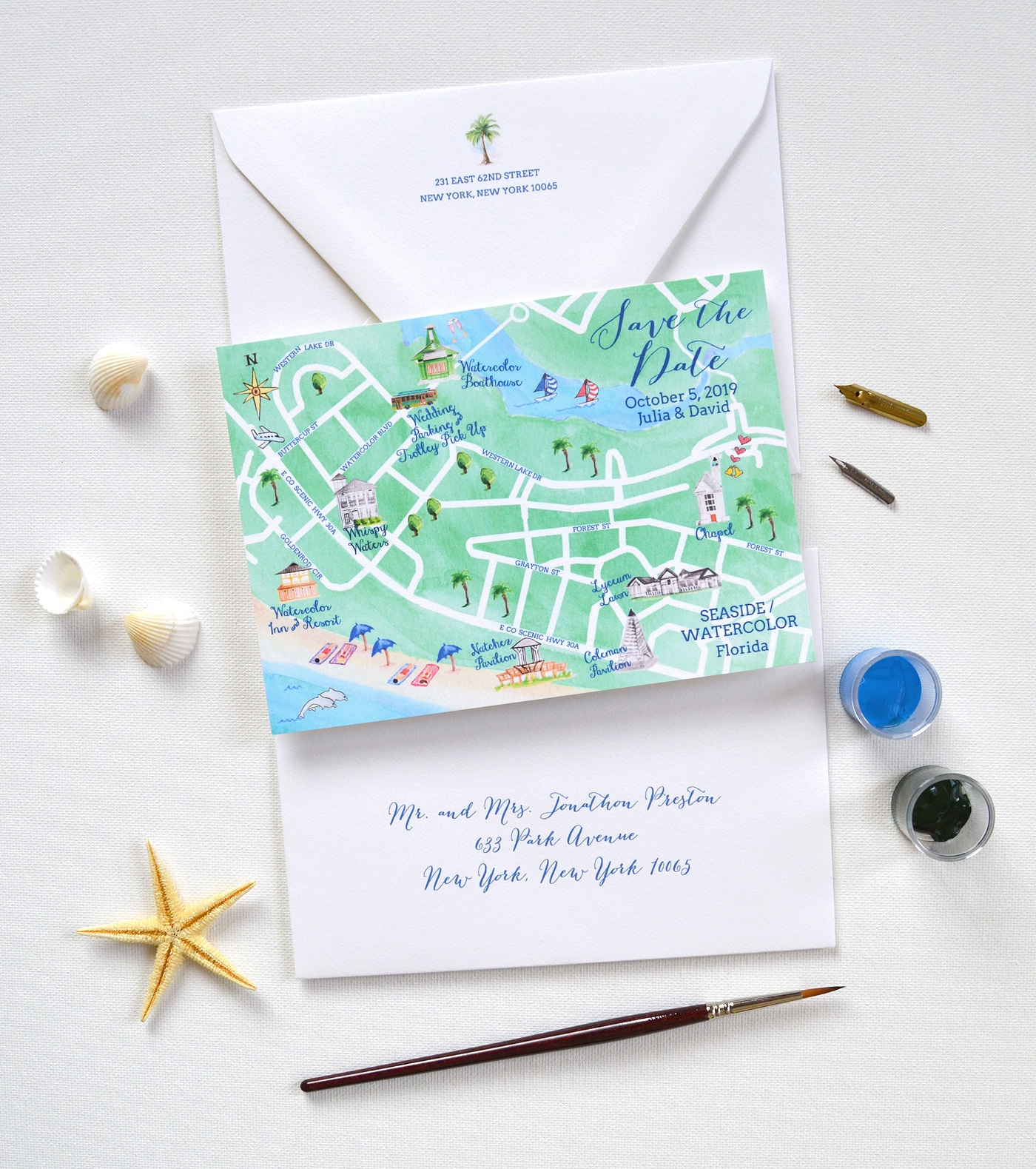 Watercolor Seaside Map Save The Date with Map of Watercolor and Seaside Florida