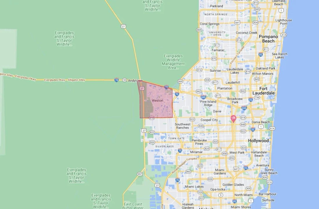 Weston, Fort Lauderdale Neighborhood for Map of Florida Showing Weston
