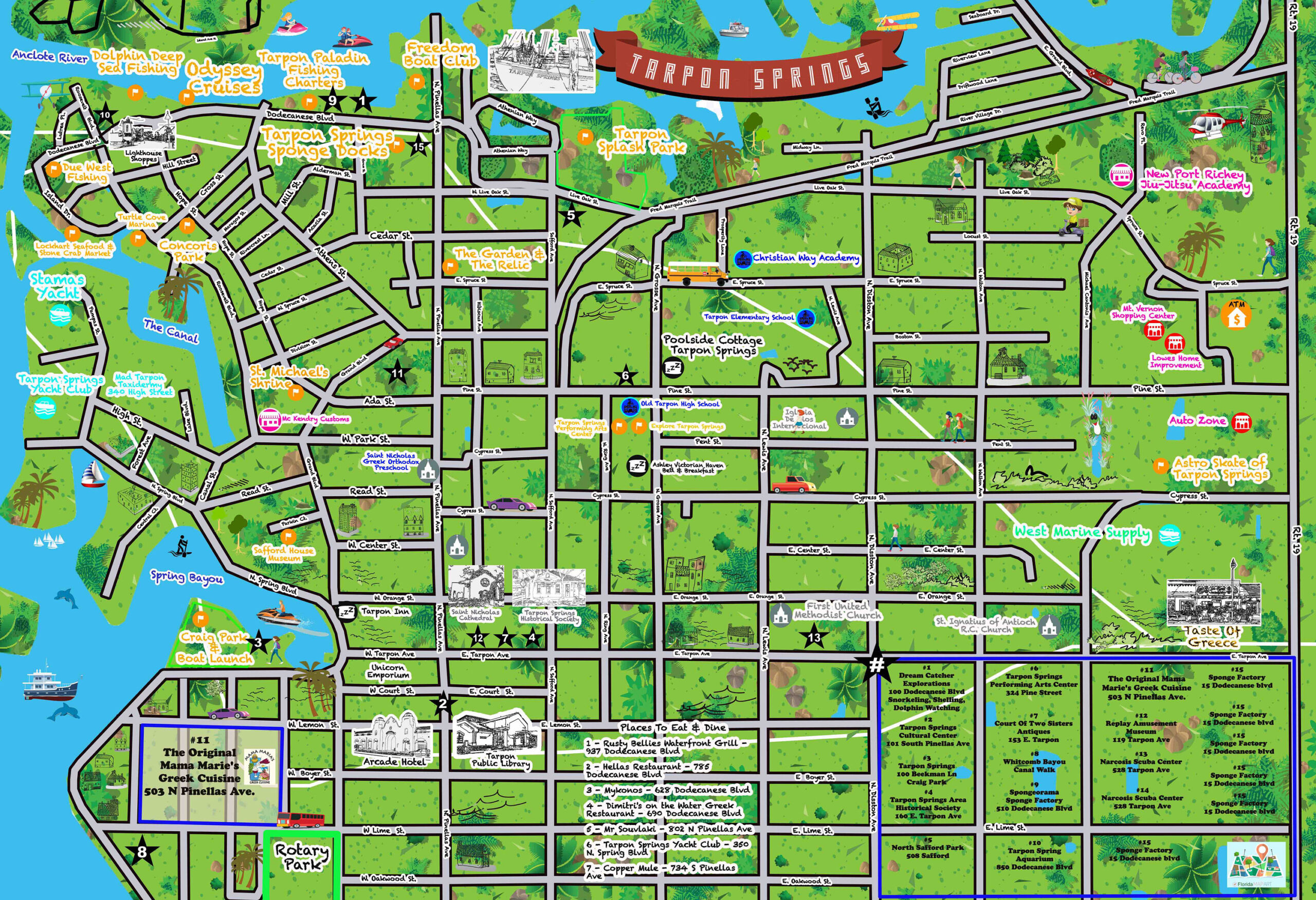 Whimsical Map Of Tarpon Spring Florida - Digital - Etsy.de throughout Map of Florida Tarpon Springs