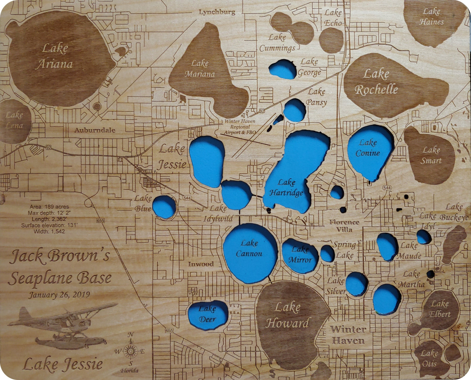 Winter Haven Chain Of Lakes Florida - Precision Laser Cut/Engraved in Map of Florida Winter Haven