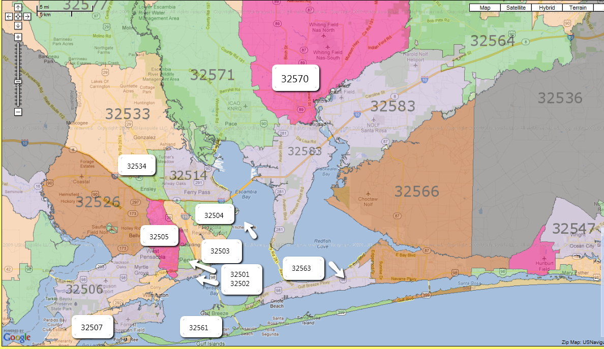 Zip Codes: Pensacola, Fl And Surrounding Cities! intended for Where is Pensacola on the Map of Florida